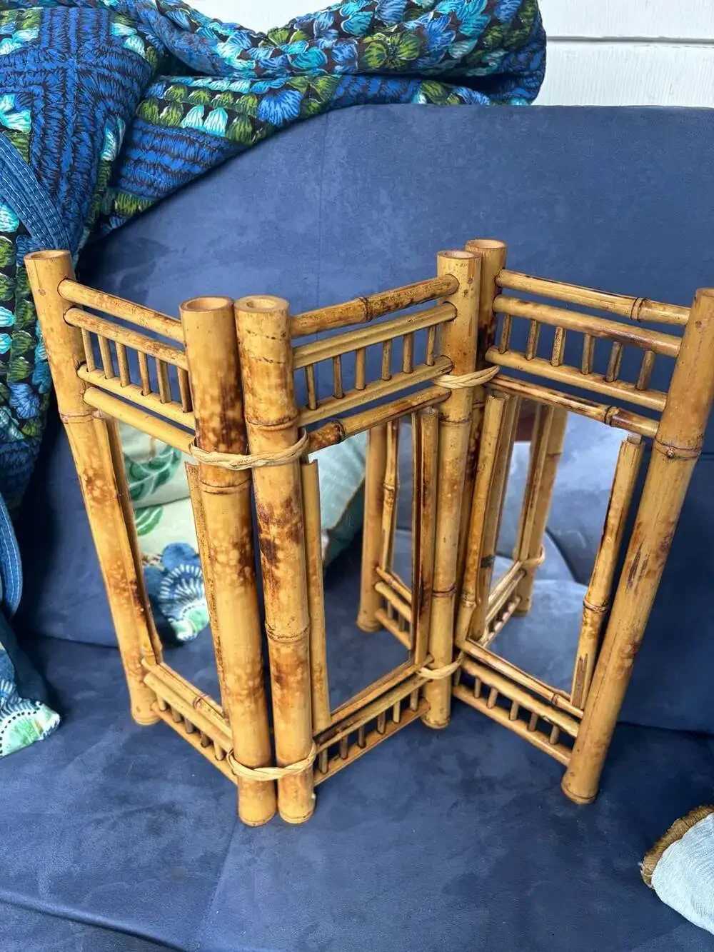 Vintage Cob & Dru Table Top Bamboo Trifold Mirror